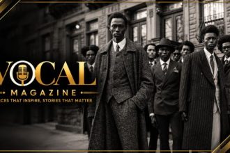 Harlem Renaissance fashion featuring elegant 1920s suits, glamorous flapper dresses, vintage accessories, and African American cultural style