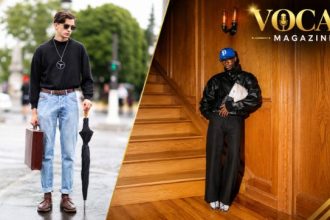 Mens 90s fashion featuring baggy jeans, oversized graphic T-shirts, flannel shirts, denim jackets, and retro sneakers