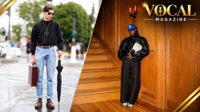 Mens 90s fashion featuring baggy jeans, oversized graphic T-shirts, flannel shirts, denim jackets, and retro sneakers