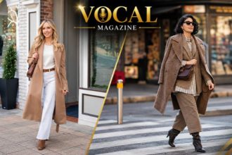 Stylish Winter Fashion outfit featuring a warm wool coat, cozy knitwear, scarf, jeans, and boots