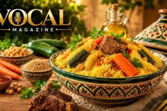 Traditional Kouskousi couscous served with vegetables, chickpeas, and flavorful North African stew.